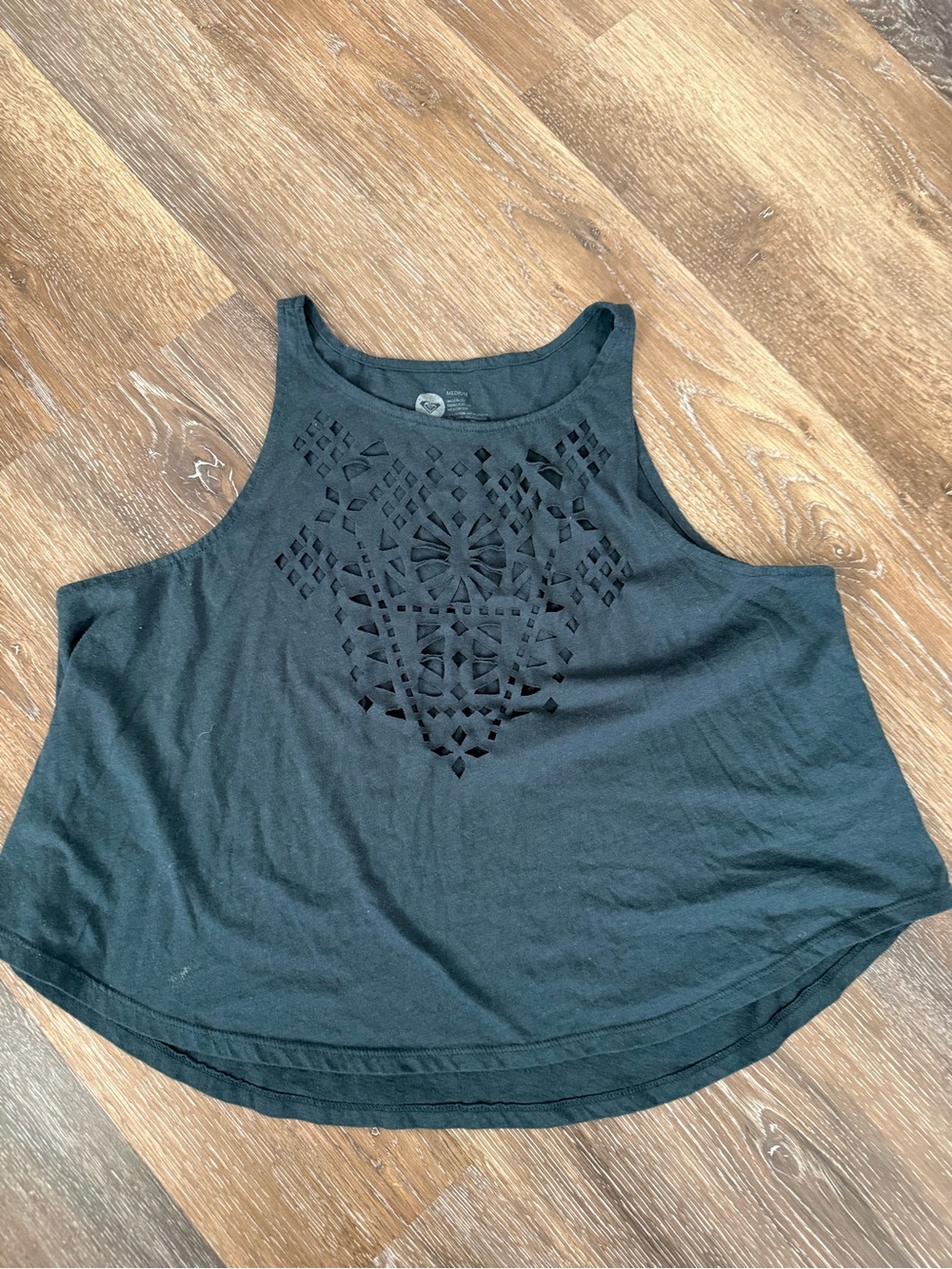 Roxy Gray/Blue Laser-Cut High-Neck Tank